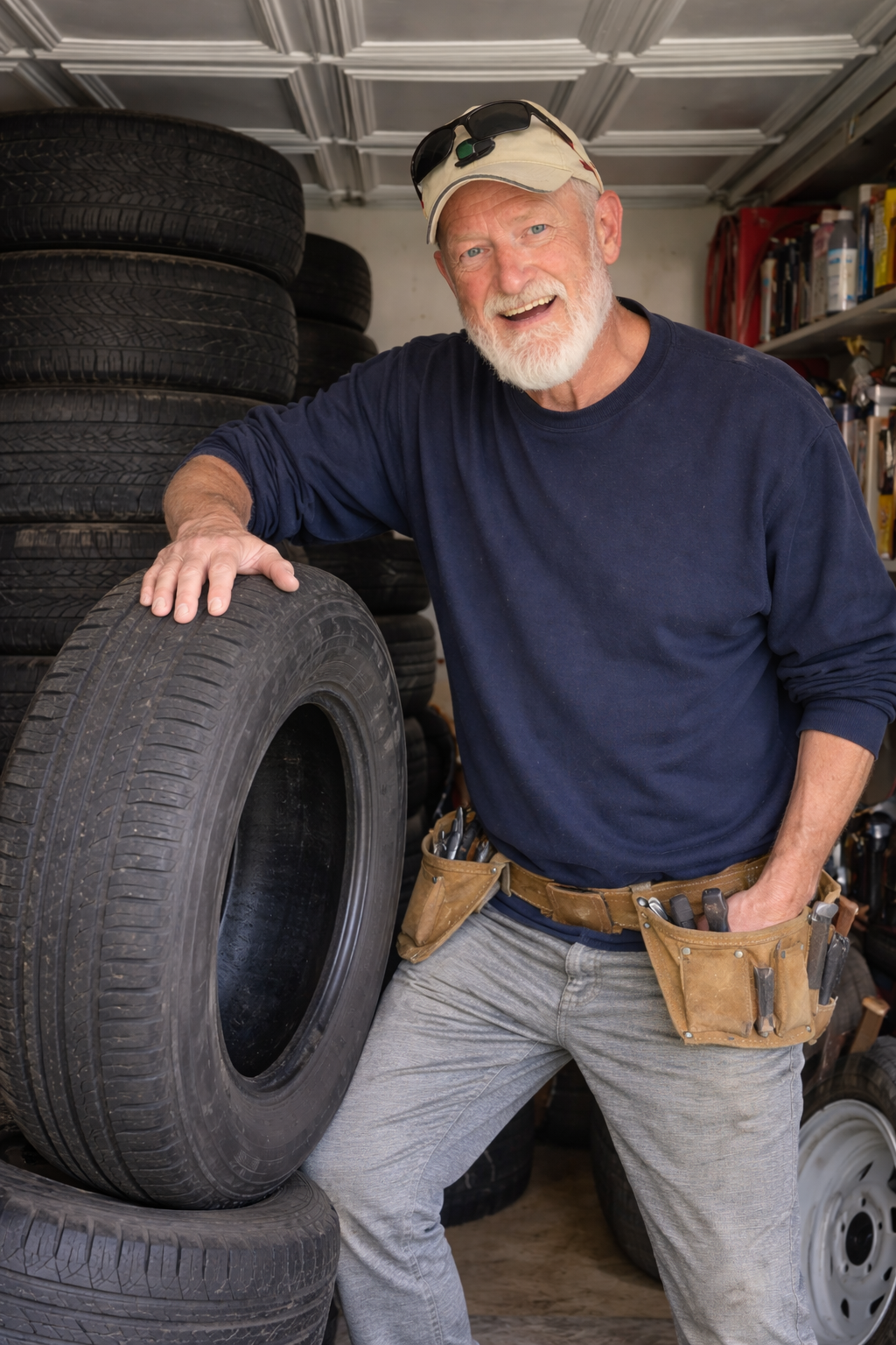 Ron in the garage shop with used tires ready for customers