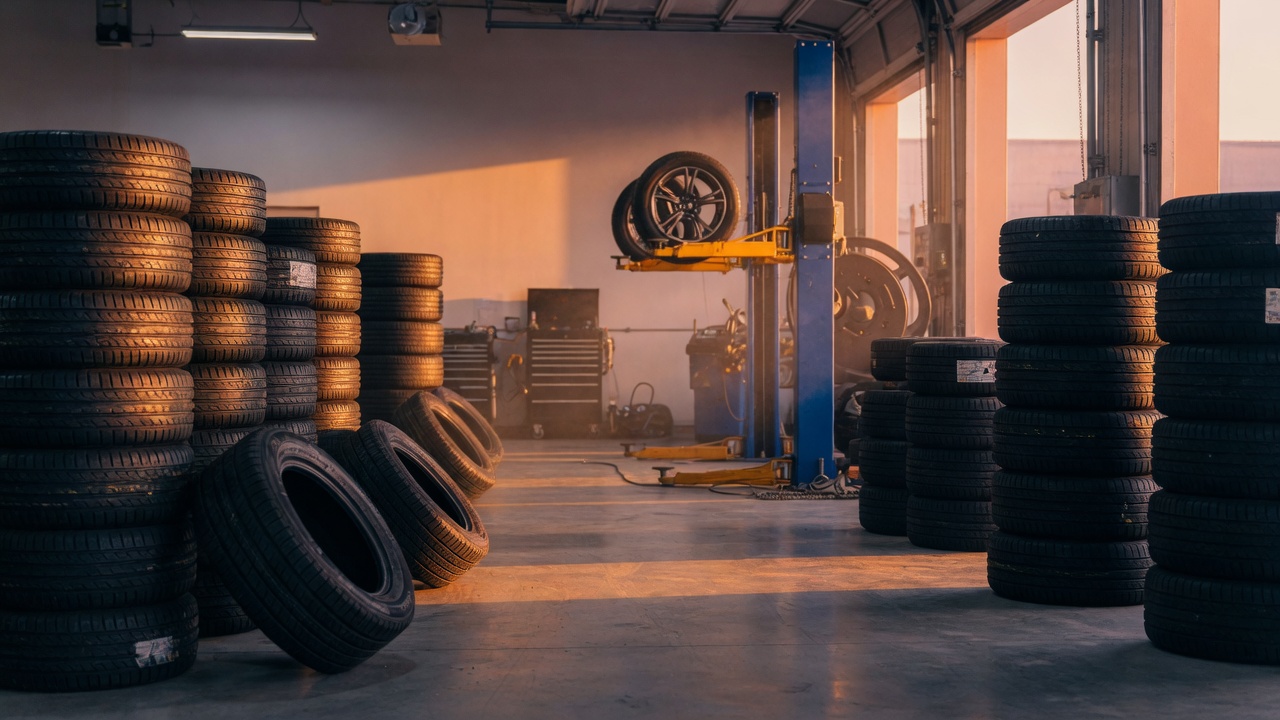 Professional tire shop with quality used tires stacked in the service bay