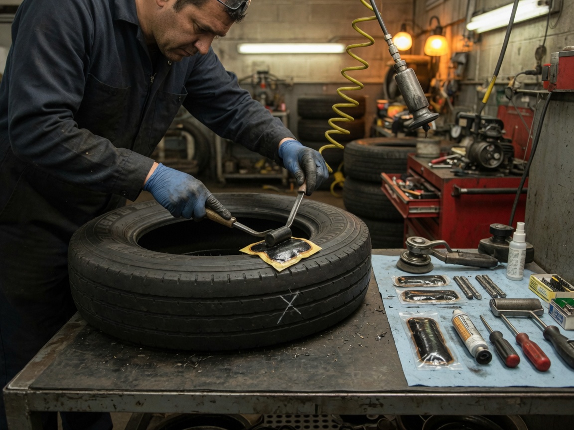 Technician installing a tire on an alloy wheel