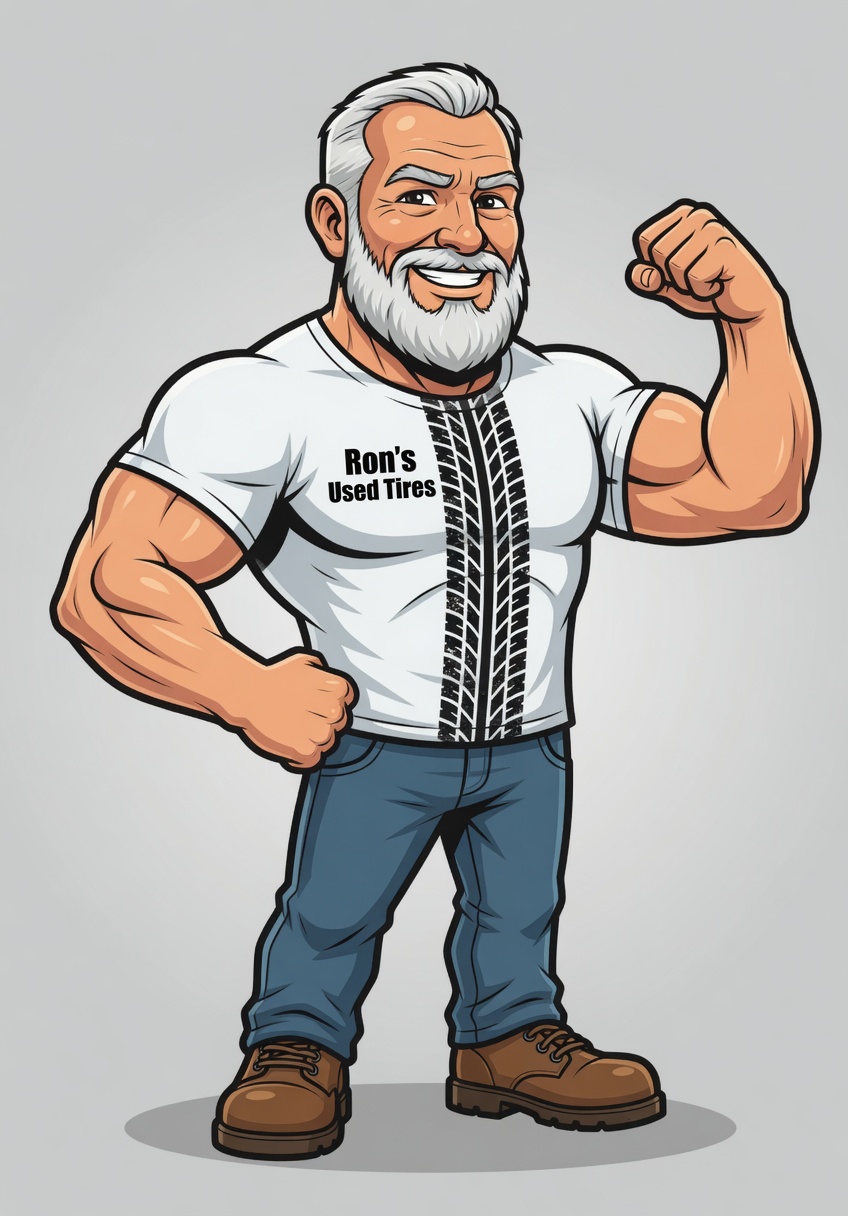 Buff cartoon mascot of Ron in a white Ron's Used Tires shirt with a vertical tire tread mark