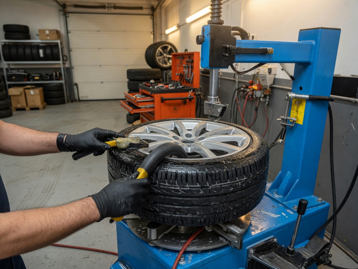 Technician repairing a tire in the shop